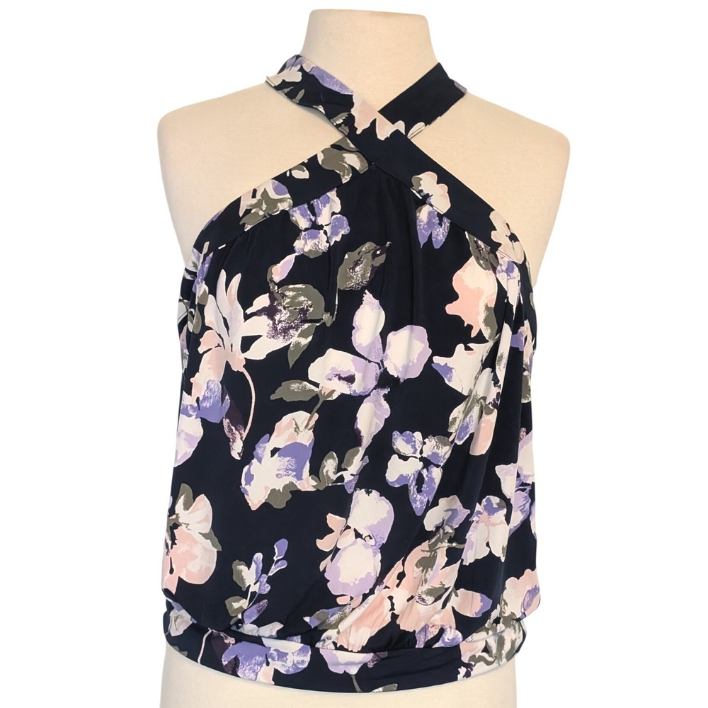 WHBM Floral Halter Blouse Keyhole Neck Banded Hem L Feminine Boho Office Blouson - Picture 2 of 13